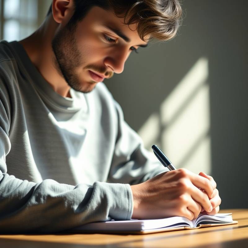 A person writing in a notebook with a focused expression, symbolizing staying motivated while learning online