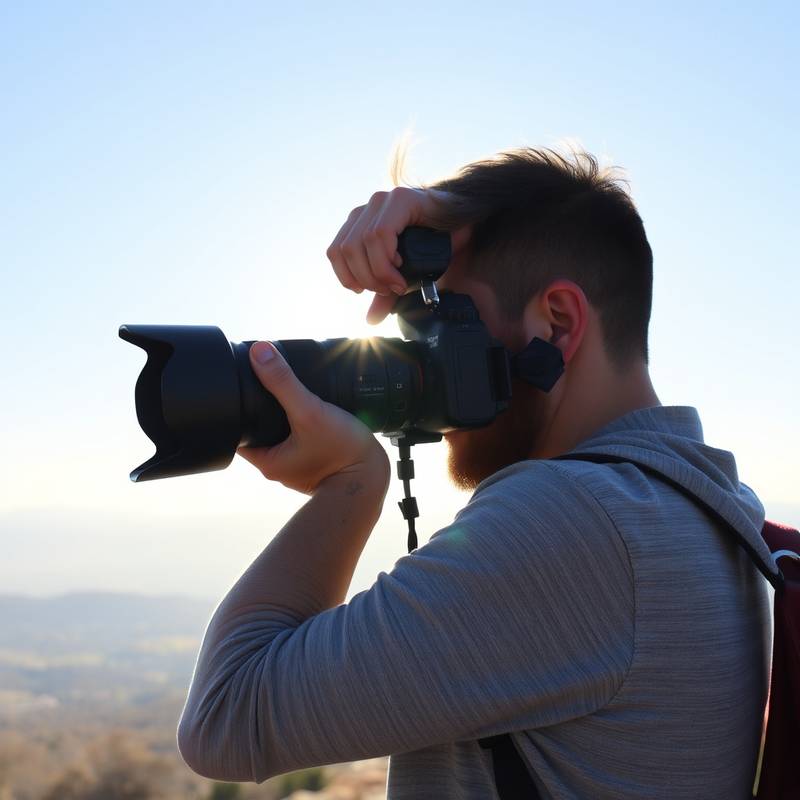 A photographer skillfully adjusting camera settings in a beautiful natural environment, capturing a perfect moment.