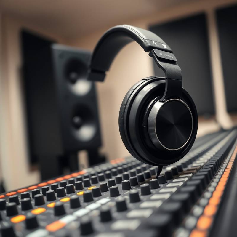 Close-up of music production equipment, including a soundboard and headphones, representing a music production course.