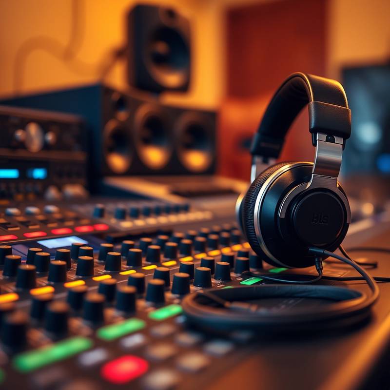Close-up view of sophisticated music production equipment, highlighting a soundboard and professional headphones, used in music creation.