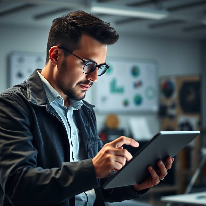 Graphic designer meticulously working on a design project using a high-tech tablet, focused on creative details.