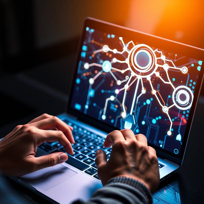 Hands using a laptop displaying an abstract AI network, representing the impact of AI on learning