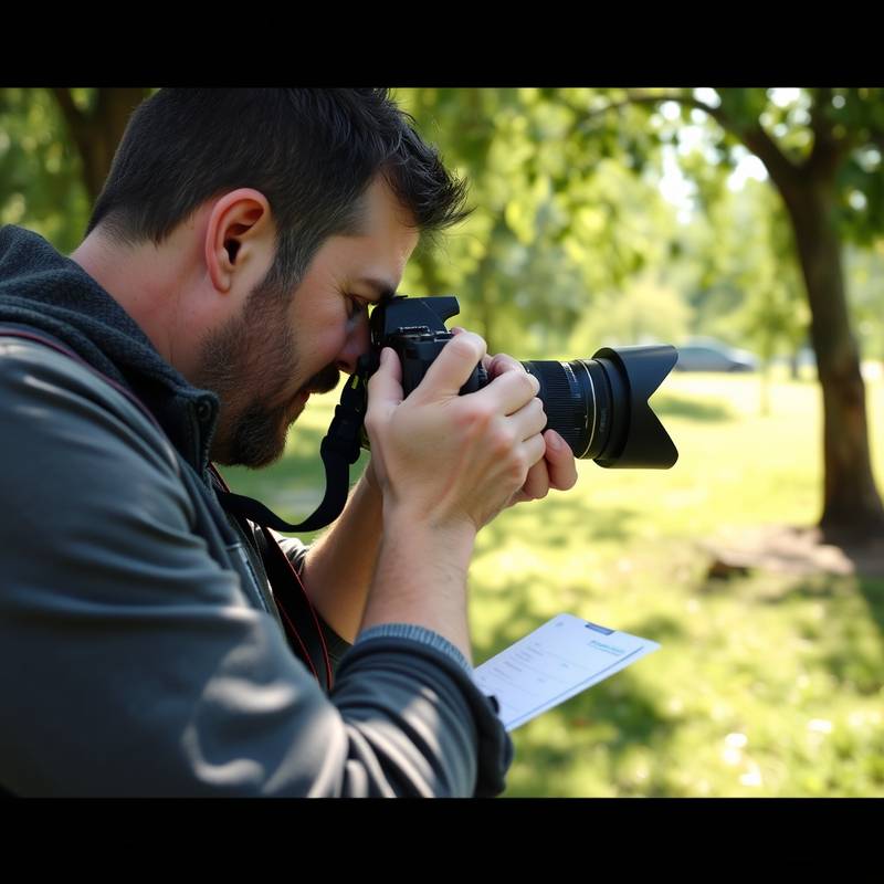 Photographer adjusting camera settings in a natural setting, illustrating a photography course.