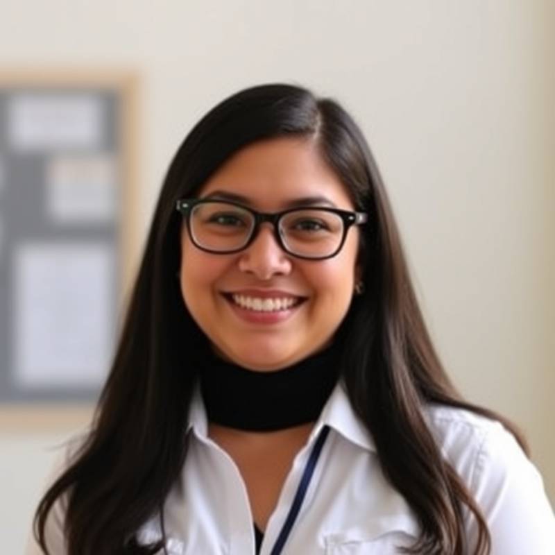 Portrait of Elena Rodriguez, a friendly and smiling instructor with glasses.