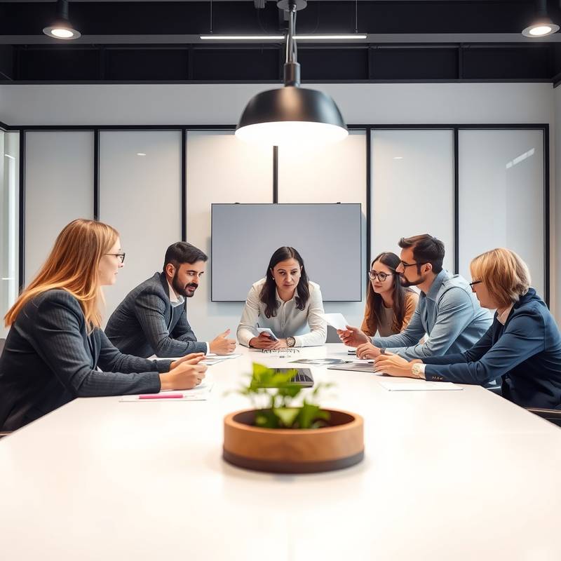 Team members collaboratively brainstorming around a conference table, representing strategic business planning.
