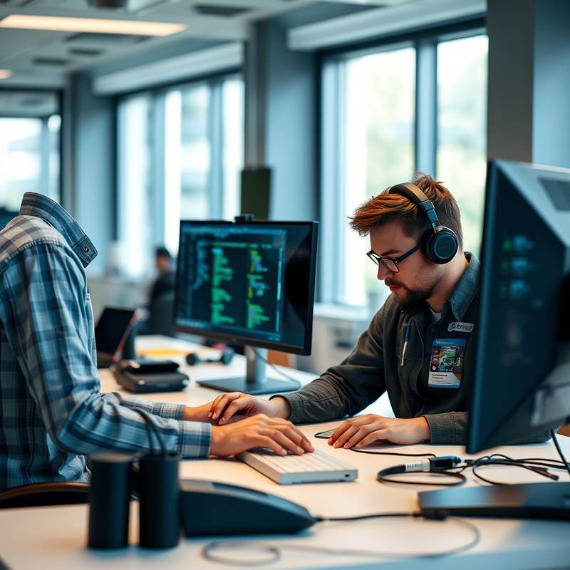 Two developers coding collaboratively on a dual-screen setup, representing web development best practices